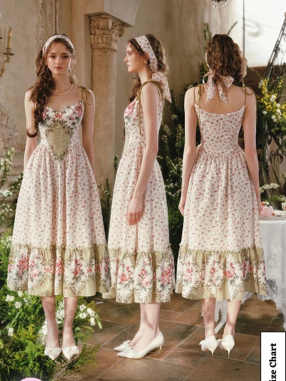Vintage-Inspired Floral Midi Dress with Pink Roses - White/Pink - Picture 3 of 9